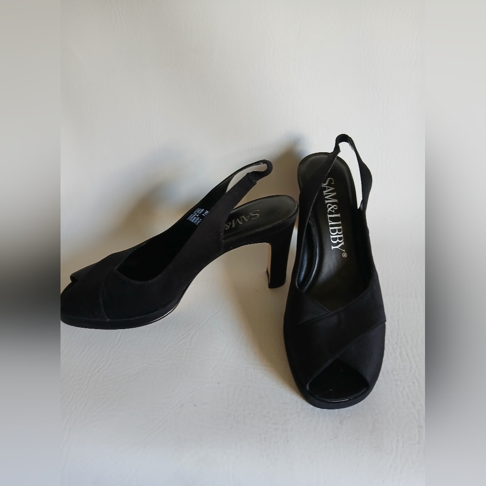 Sam & Libby Black Fabric Women's Slingback Platform Heels Sz7.5M Peep Toe